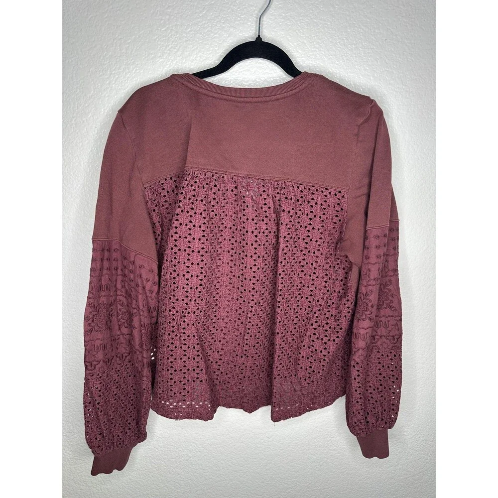 Anthropologie Blouse Womens Large Pink Crochet Embroidered Balloon Sleeve Top